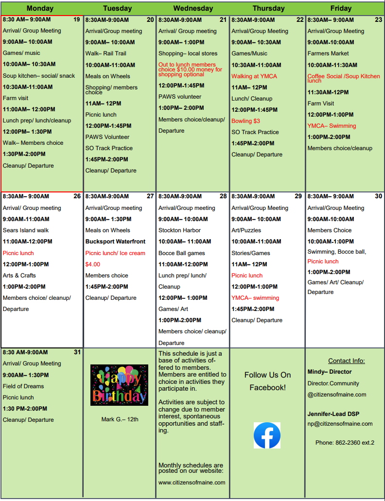 Calendar of Events Citizens of Maine Hampden Maine